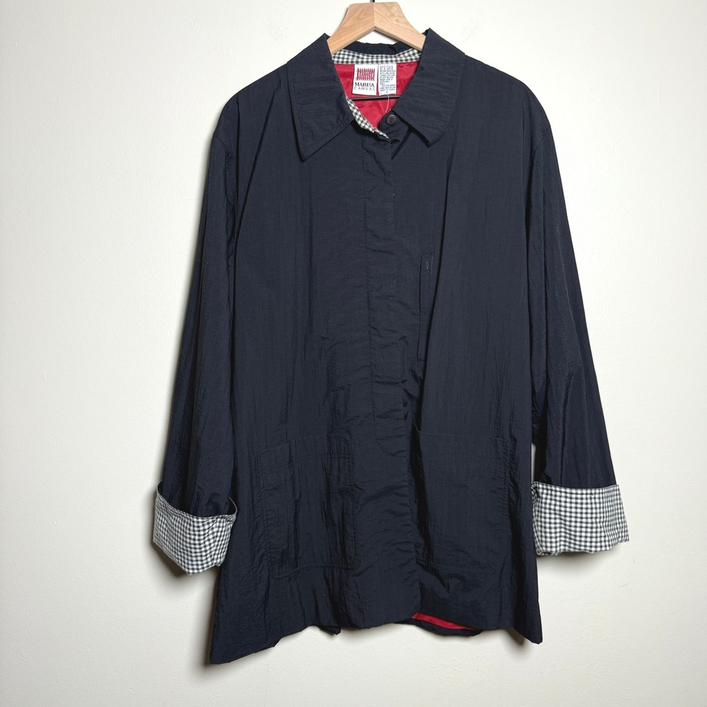 Marisa Canvas VTG Womens Coat L Navy Blue White Gingham‎ Raincoat Minimalist